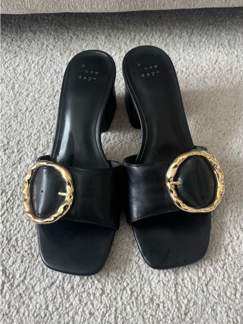 A New Day Black Slide block heels with Gold Buckle